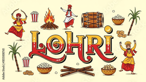 Lohri festival celebration illustration with dancers, bonfire, popcorn and traditional attire