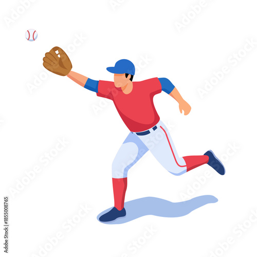 Professional Baseball Player Action Catch Ball Flat Vector Illustration