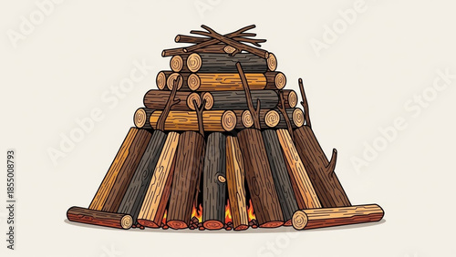 Illustration of a traditional teepee style bonfire with stacked logs and burning flames