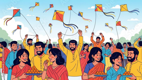 Group of people flying kites and celebrating with traditional indian sweets outdoors on a sunny