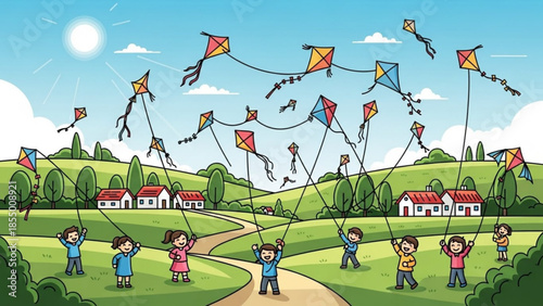 Happy children flying colorful kites in a sunny green field with houses in the background
