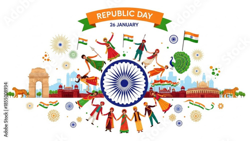 Vibrant republic day celebration illustration with traditional indian dancers and cultural