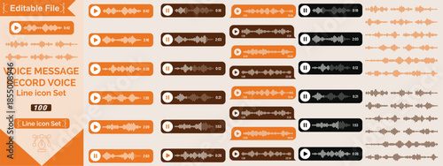 Voice message. Record voice note messages players with waveforms, playback controls and durations audio icons. Cell phone UI design, smartphone chat app, podcast interfaces elements. Vector set