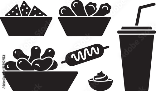 Assorted snack food items and beverage nachos chicken wings