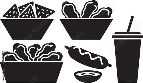 Assorted snack food items and beverage nachos chicken wings