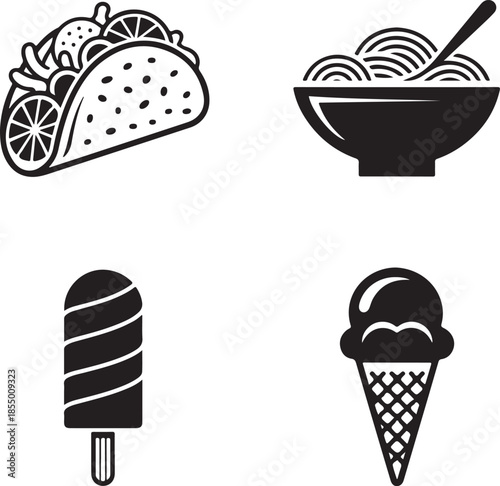 Black and White Fast Food and Dessert Icons, taco, spaghetti, corn dog, ice cream, food
