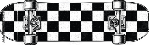 Checkered skateboard deck with wheels in stippling art style for urban street culture and cad drawing flat vector illustration design