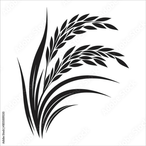 A minimalist black silhouette vector design featuring a nature-inspired pattern of grass, bamboo leaves, and floral wheat stalks isolated on a white background for summer agriculture and growth concep