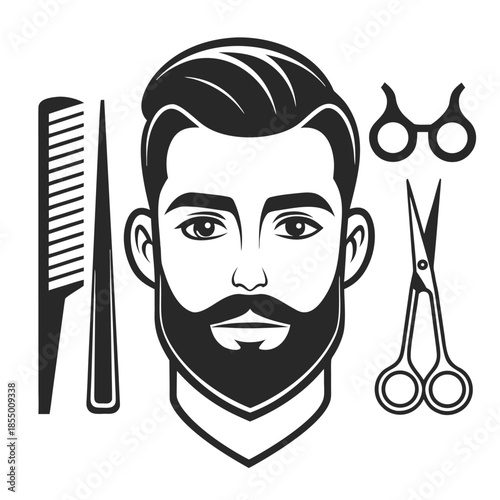Barber shop illustration with man's head and grooming tools