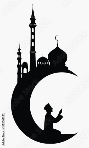Vector illustration of the Taj Mahal landmark in India featuring a sunset skyline with a mosque dome and minaret silhouette against an artistic night sky