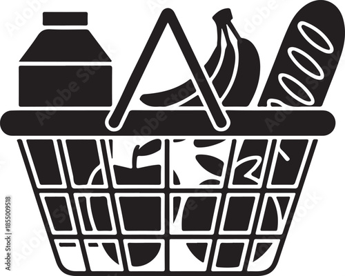 Black and white icon of a grocery shopping basket full of food