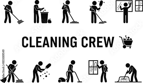 Cleaning crew stick figure icons set, janitor services, sweeping, mopping, dusting, vacuuming, professional house and office cleaning vector illustration, sanitation