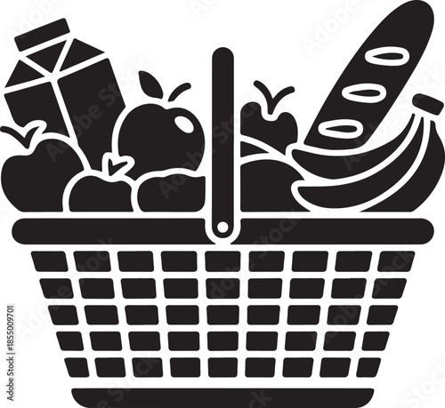 Black shopping basket icon filled with groceries like bread milk and fruit