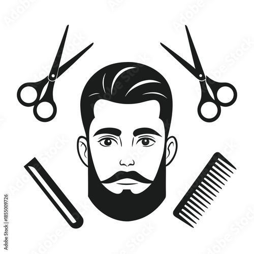 Barber shop illustration with man's head and tools