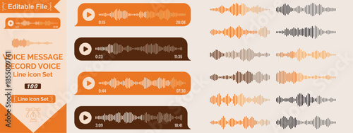 Voice message. Record voice note messages players with waveforms, playback controls and durations audio icons. Cell phone UI design, smartphone chat app, podcast interfaces elements