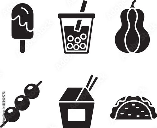 Black silhouette icons of popular street food and drinks vector
