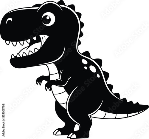 WebCute happy cartoon Tyrannosaurus Rex dinosaur black silhouette smiling with big eyes, isolated vector illustration for kids and games.