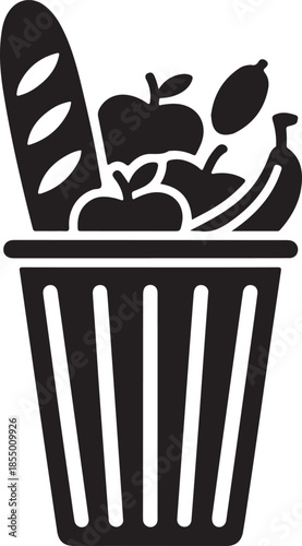 Black silhouette of trash can overflowing with food waste illustration
