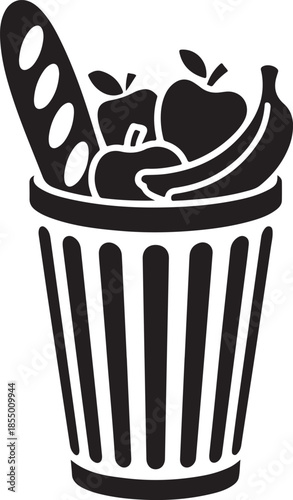 Black silhouette of trash can overflowing with food waste illustration