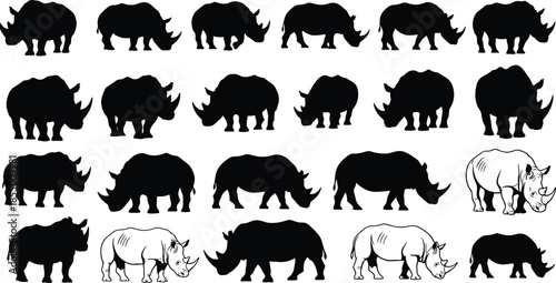 Rhinoceros silhouette collection set with various African wildlife poses including walking standing and grazing isolated vector icons for nature design