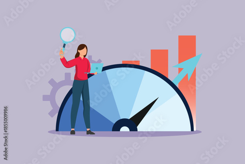 A woman analyzes benchmarking data. Benchmarking Concept. Colored flat vector illustration isolated