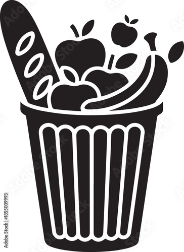 Black silhouette of trash can overflowing with food waste illustration