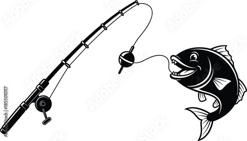 Fishing Rod and Big Smiling Fish Silhouette Vector, Angling Sport, Catching Bass or Perch, Outdoor Hobby, Recreation, Fisherman, Isolated Illustration.