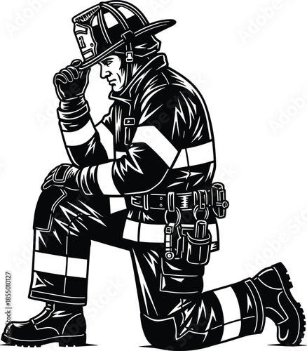Firefighter Kneeling Silhouette Vector Illustration, Professional Fireman in Protective Gear Paying Respect, First Responder Hero Graphic for Service and Duty Concept.