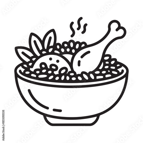 A black and white line drawing of a bowl with rice chicken and garnish