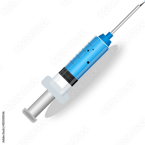 A close-up view of a medical syringe filled with blue liquid, ready for injection, casting a shadow on a white background.