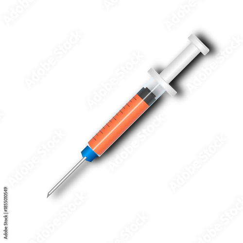 A medical syringe filled with orange liquid, featuring a white plunger and a blue needle cap, casting a subtle shadow on a white background.
