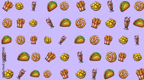 Repeating pixelated food pattern on light background ideal for food blogs, digital designs, and multimedia projects in need of a playful touch.