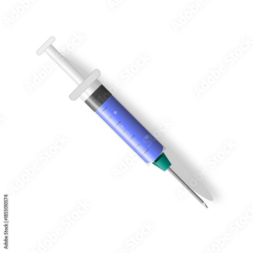A medical syringe with a blue liquid and a needle, casting a shadow on a white background.