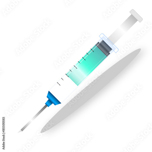 A medical syringe filled with a light blue liquid, ready for injection or medication delivery.