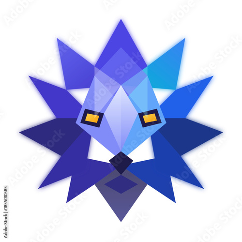 Geometric blue and purple lion head logo with sharp, crystalline facets and yellow square eyes, resembling a stylized star or sun.