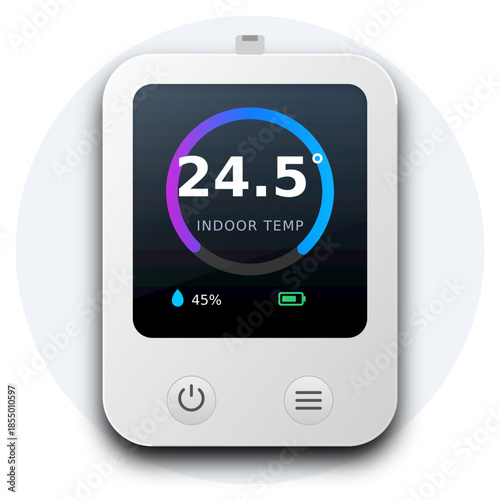 A white smart indoor temperature and humidity monitor with a digital color display showing 24.5 degrees Celsius and 45% humidity.