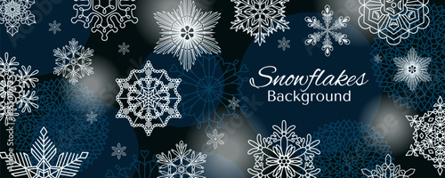 Snowflakes, white falling snow frame with copy space, border, background. Line drawing. Hand drawn vector illustration. Seasonal, winter design, blue backdrop, banner. Different shapes, ice crystals