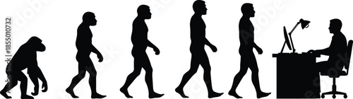 Here is a title and a set of keywords for the uploaded black-and-white illustration of the human evolution sequence ending in an office worker, optimized for Adobe Stock and SEO.