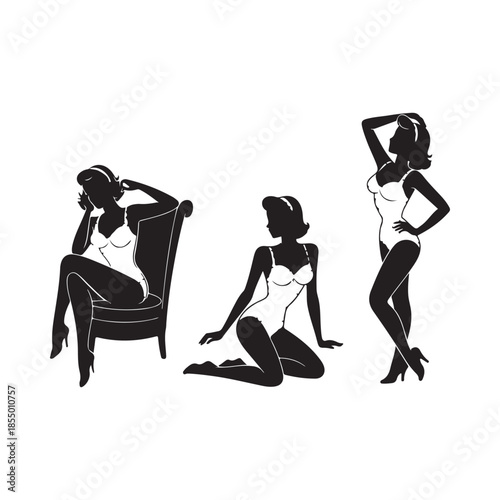 Vintage silhouettes of women in lingerie and a classic armchair