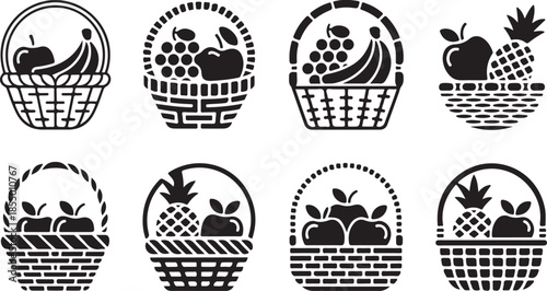 Collection of eight fruit basket illustrations in a simple line art silhouette style