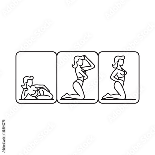 Three black and white illustrations of a woman in different poses