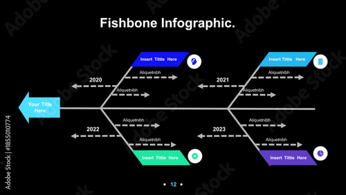 Fishbone diagram. Marketing presentation strategy and business management design information with analysis of plans and reports for vector clients