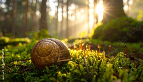 Snail in Forest Moss Sunlight.