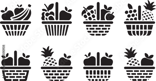 Collection of eight fruit basket illustrations in a simple line art silhouette style