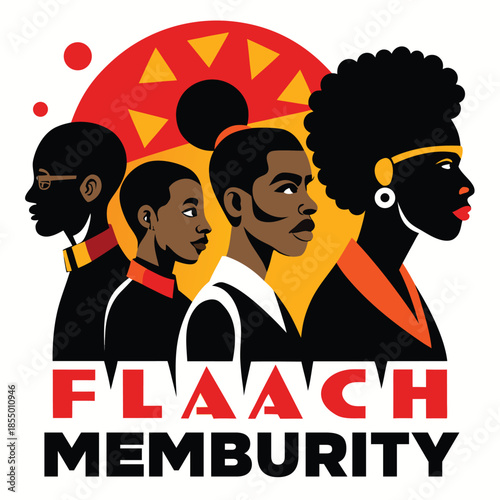 a striking illustration depicts four african individuals in profile set against a bold orange and red backdrop with geometric designs and the word flaach