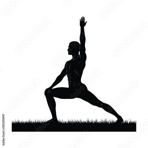 Black silhouette of a man in yoga pose on grass warrior pose virabhadrasana