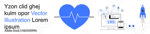 Education platforms, online learning, health monitoring, digital tools, innovation, technology. Blue heart with heartbeat, LMS interface and rocket progress. Education platforms and online learning