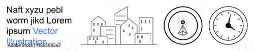 Architecture, urban planning, time management, observation, analytics, and modern design. Minimalist urban buildings, an eye symbol and a clock. Architecture and observation concepts illustrated