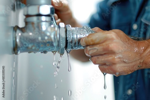 Close-up of plumber hands repairing a leaking metal pipe, water dripping during home maintenance and emergency plumbing service