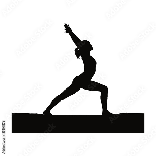 Black silhouette of a woman in yoga warrior pose on white background exercise